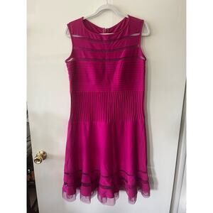 Tadashi Shoji Stretch Fuchsia Mesh Paneled Midi Flare Cocktail Dress Size Large